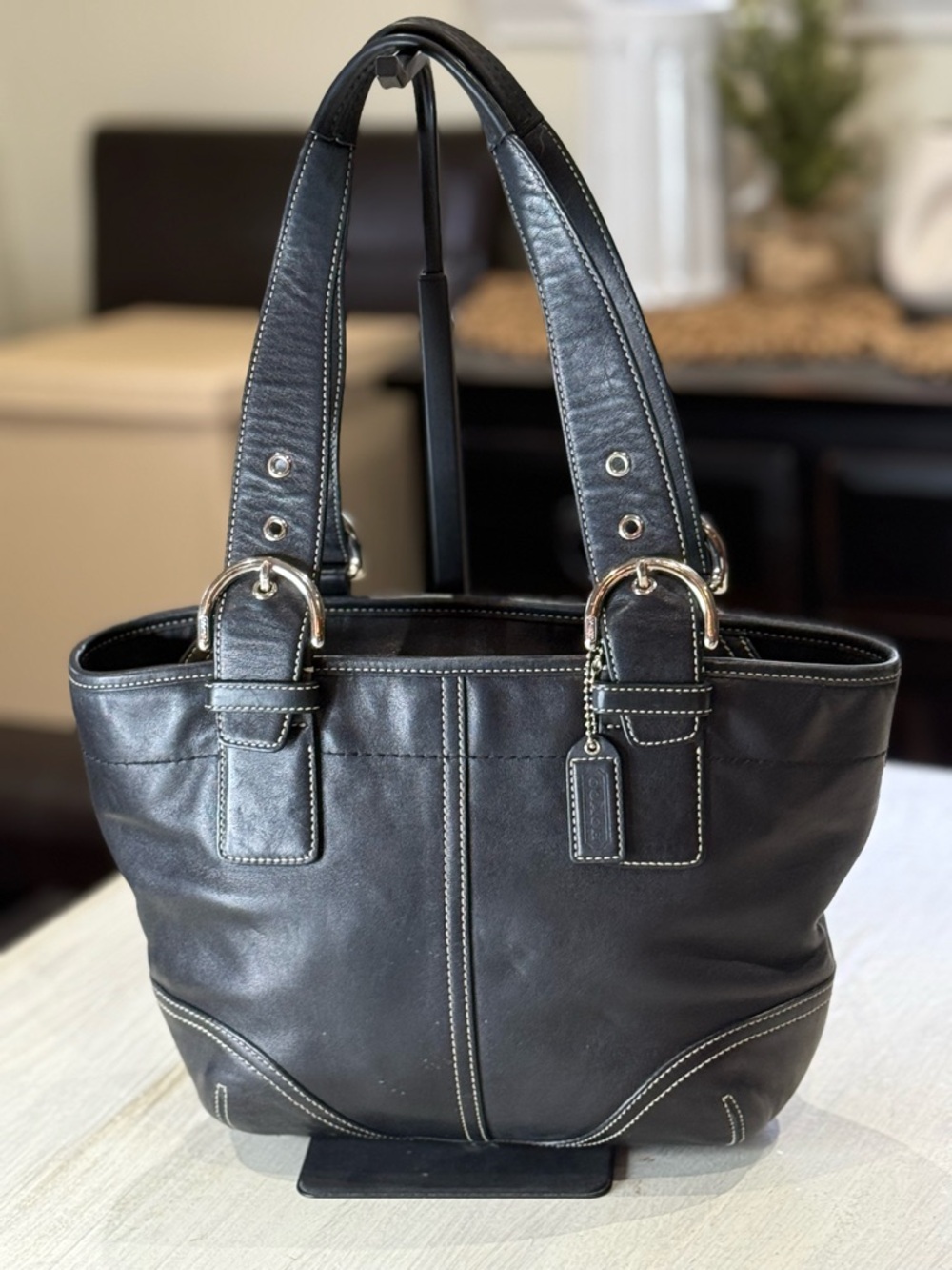 Vintage Coach SoHo Black Leather Small Tote with White Contrast Stitching